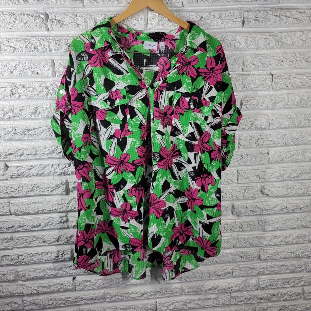 Kim Rogers Women Top 3X Plus Collar Button Up Green Pink Floral Sheer FLO141E